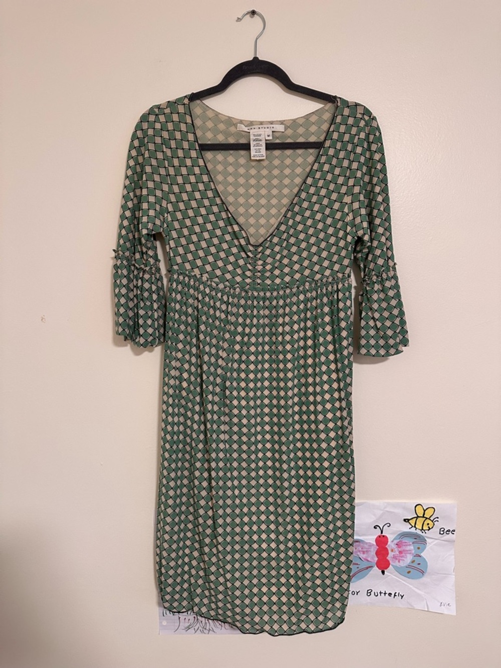 Max Studio Green Geometric V-Neck Midi Dress